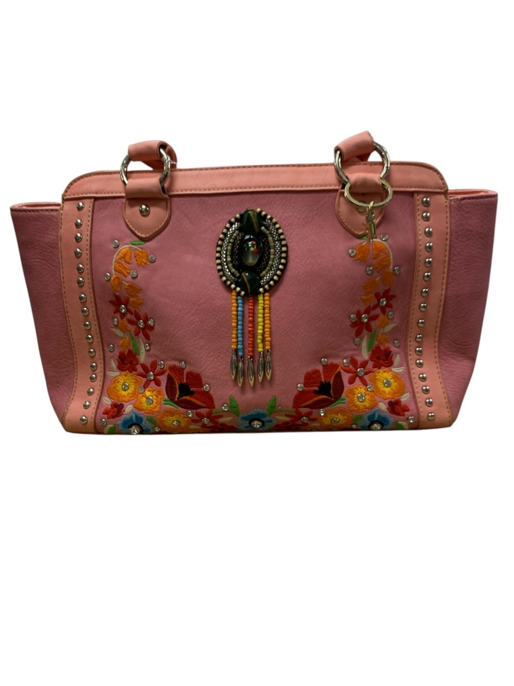 Montana West Pink Floral Embroidered Tote with Beaded Medallion